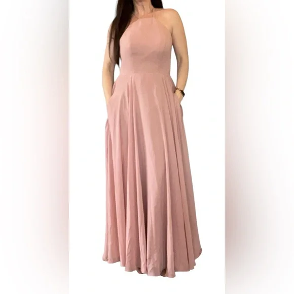 Elegant Pink Halter Bridesmaid | Prom Maxi Dress with Open Back - Picture 6 of 12